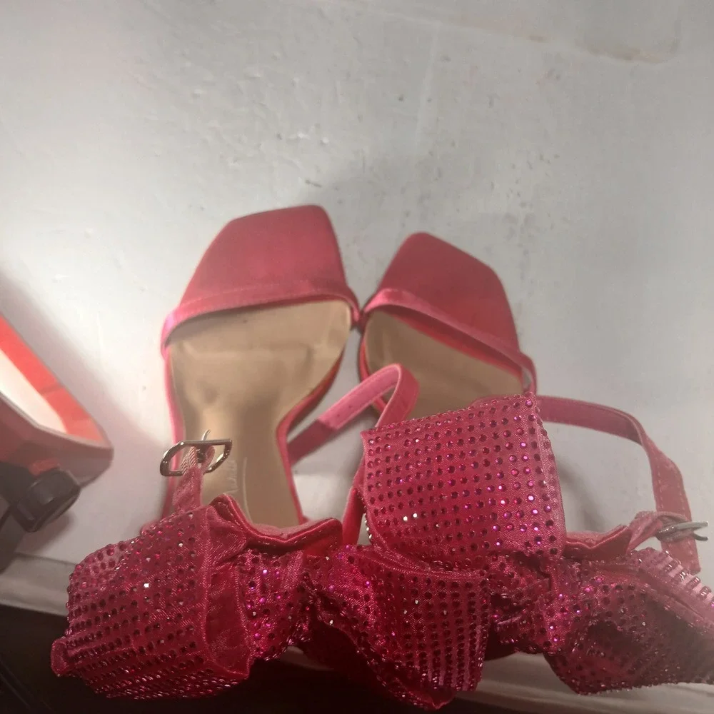 Anne Michelle Stiletto Sandals 8.5 Pink Rhinestone Bow Square Toe Barbiecore